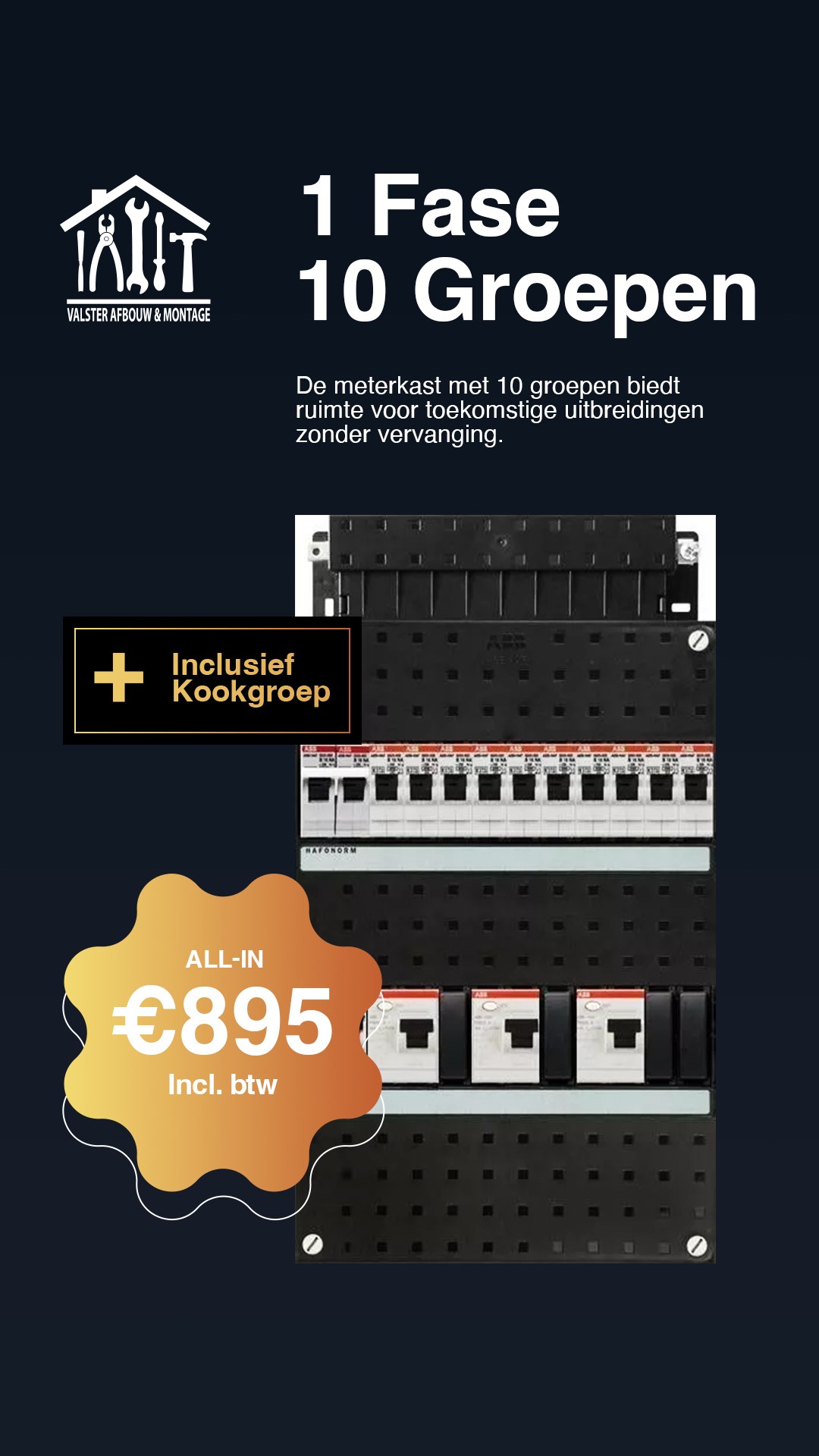 Meterkast 1 fase, 10 groepen inclusief kookgroep: all-in 895 euro inclusief btw