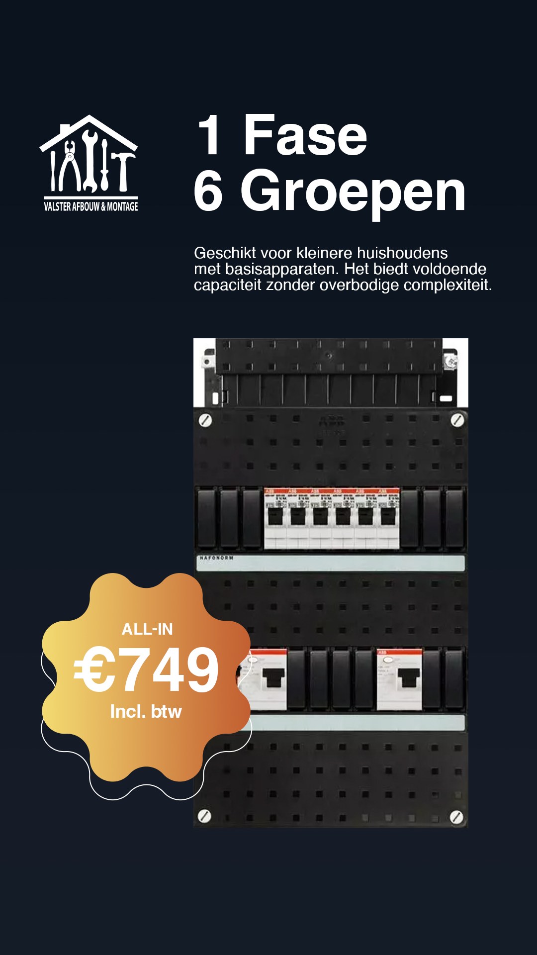 Meterkast 1 fase, 6 groepen: all-in 749 euro inclusief btw
