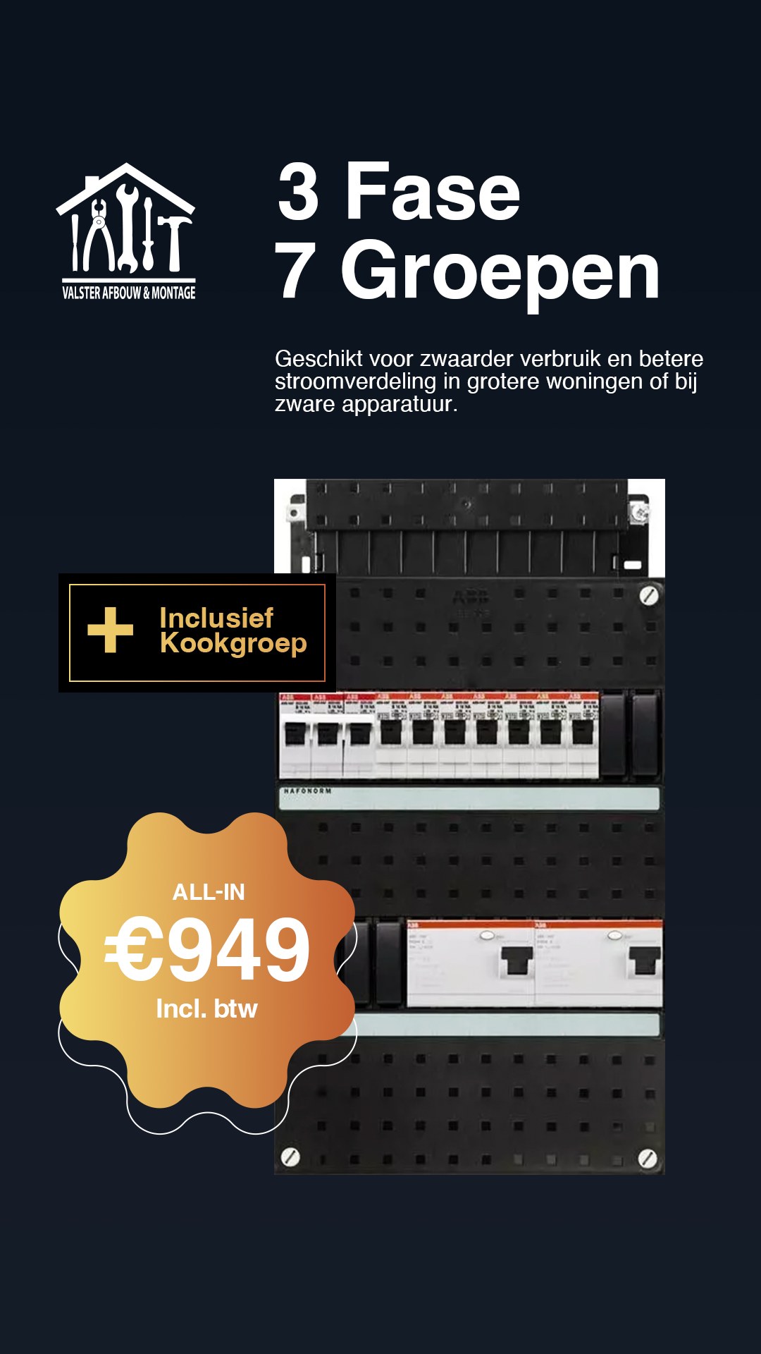 Meterkast 3 fase, 7 groepen inclusief kookgroep: all-in 949 euro inclusief btw